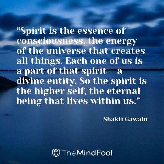 “Spirit is the essence of consciousness, the energy of the universe that creates all things. Each one of us is a part of that spirit – a divine entity. So the spirit is the higher self, the eternal being that lives within us.” – Shakti Gawain