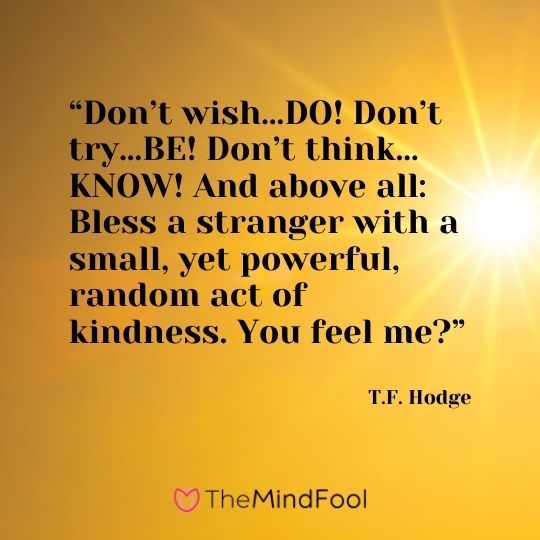 “Don’t wish…DO! Don’t try…BE! Don’t think…KNOW! And above all: Bless a stranger with a small, yet powerful, random act of kindness. You feel me?” ― T.F. Hodge