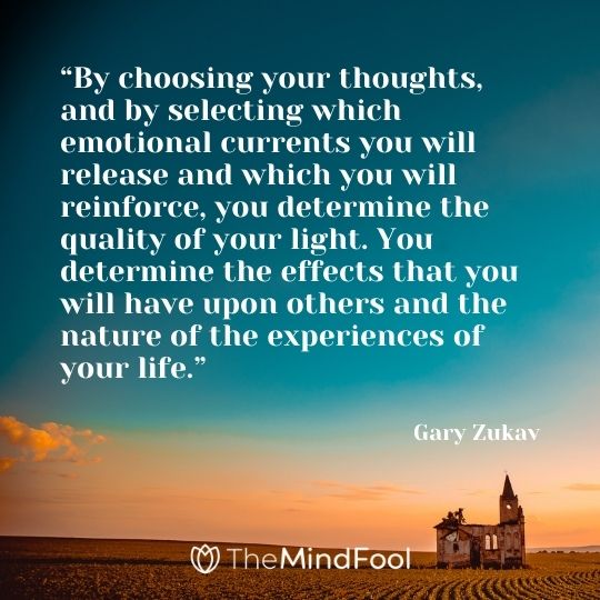 “By choosing your thoughts, and by selecting which emotional currents you will release and which you will reinforce, you determine the quality of your light. You determine the effects that you will have upon others and the nature of the experiences of your life.”  – Gary Zukav