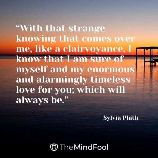 “With that strange knowing that comes over me, like a clairvoyance, I know that I am sure of myself and my enormous and alarmingly timeless love for you; which will always be.” – Sylvia Plath