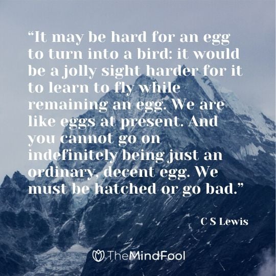 “It may be hard for an egg to turn into a bird: it would be a jolly sight harder for it to learn to fly while remaining an egg. We are like eggs at present. And you cannot go on indefinitely being just an ordinary, decent egg. We must be hatched or go bad.” – C S Lewis