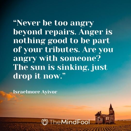 “Never be too angry beyond repairs. Anger is nothing good to be part of your tributes. Are you angry with someone? The sun is sinking, just drop it now.” ― Israelmore Ayivor