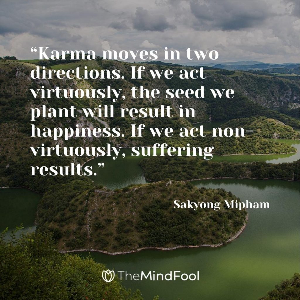 “Karma moves in two directions. If we act virtuously, the seed we plant will result in happiness. If we act non-virtuously, suffering results.” – Sakyong Mipham