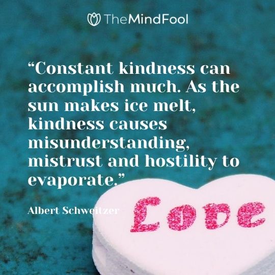 “Constant kindness can accomplish much. As the sun makes ice melt, kindness causes misunderstanding, mistrust and hostility to evaporate.” — Albert Schweitzer