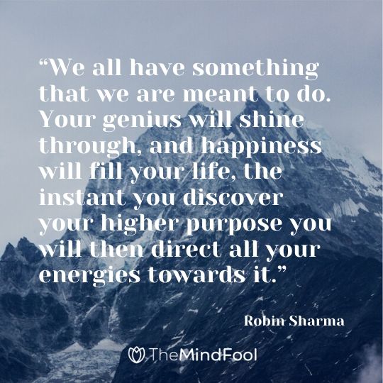 “We all have something that we are meant to do. Your genius will shine through, and happiness will fill your life, the instant you discover your higher purpose you will then direct all your energies towards it.” – Robin Sharma
