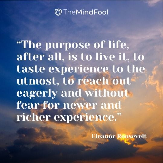 “The purpose of life, after all, is to live it, to taste experience to the utmost, to reach out eagerly and without fear for newer and richer experience.” - Eleanor Roosevelt