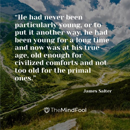 “He had never been particularly young, or to put it another way, he had been young for a long time and now was at his true age, old enough for civilized comforts and not too old for the primal ones.” ― James Salter