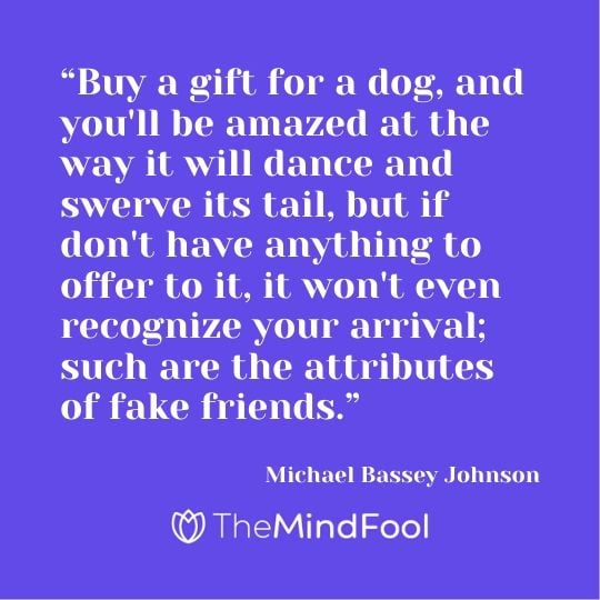 “Buy a gift for a dog, and you'll be amazed at the way it will dance and swerve its tail, but if don't have anything to offer to it, it won't even recognize your arrival; such are the attributes of fake friends.” – Michael Bassey Johnson