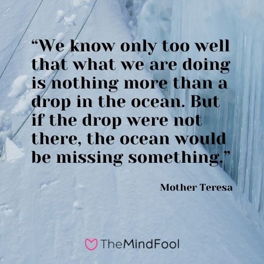 “We know only too well that what we are doing is nothing more than a drop in the ocean. But if the drop were not there, the ocean would be missing something.” -  Mother Teresa