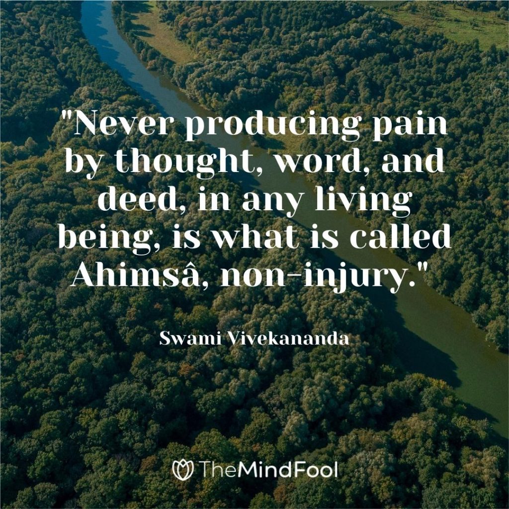 "Never producing pain by thought, word, and deed, in any living being, is what is called Ahimsâ, non-injury." ~ Swami Vivekananda