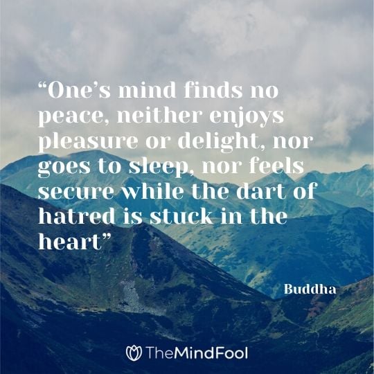 “One’s mind finds no peace, neither enjoys pleasure or delight, nor goes to sleep, nor feels secure while the dart of hatred is stuck in the heart” - Buddha