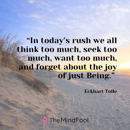 “In today’s rush we all think too much, seek too much, want too much, and forget about the joy of just Being.” - Eckhart Tolle