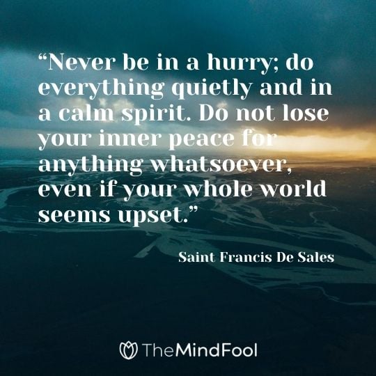 “Never be in a hurry; do everything quietly and in a calm spirit. Do not lose your inner peace for anything whatsoever, even if your whole world seems upset.” – Saint Francis De Sales