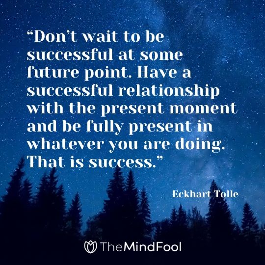 “Don’t wait to be successful at some future point. Have a successful relationship with the present moment and be fully present in whatever you are doing. That is success.” - Eckhart Tolle