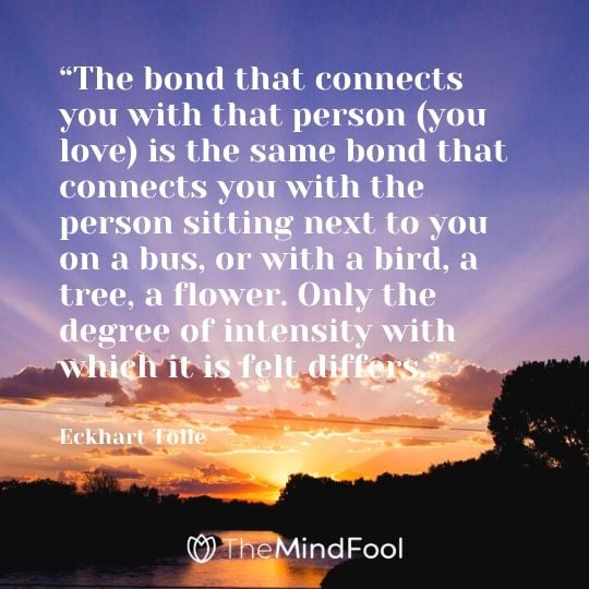 “The bond that connects you with that person (you love) is the same bond that connects you with the person sitting next to you on a bus, or with a bird, a tree, a flower. Only the degree of intensity with which it is felt differs.” - Eckhart Tolle