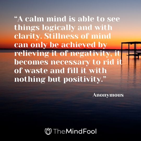 “A calm mind is able to see things logically and with clarity. Stillness of mind can only be achieved by relieving it of negativity, it becomes necessary to rid it of waste and fill it with nothing but positivity.” - Anonymous