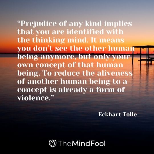 “Prejudice of any kind implies that you are identified with the thinking mind. It means you don’t see the other human being anymore, but only your own concept of that human being. To reduce the aliveness of another human being to a concept is already a form of violence.” - Eckhart Tolle