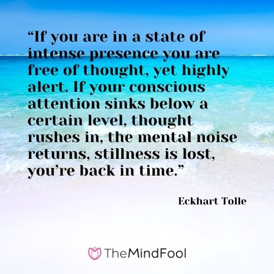“If you are in a state of intense presence you are free of thought, yet highly alert. If your conscious attention sinks below a certain level, thought rushes in, the mental noise returns, stillness is lost, you’re back in time.” - Eckhart Tolle