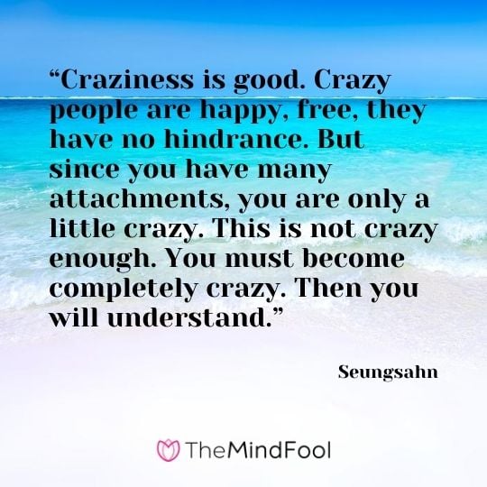 “Craziness is good. Crazy people are happy, free, they have no hindrance. But since you have many attachments, you are only a little crazy. This is not crazy enough. You must become completely crazy. Then you will understand.” - Seungsahn