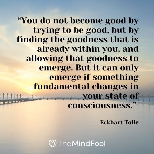 “You do not become good by trying to be good, but by finding the goodness that is already within you, and allowing that goodness to emerge. But it can only emerge if something fundamental changes in your state of consciousness.” - Eckhart Tolle