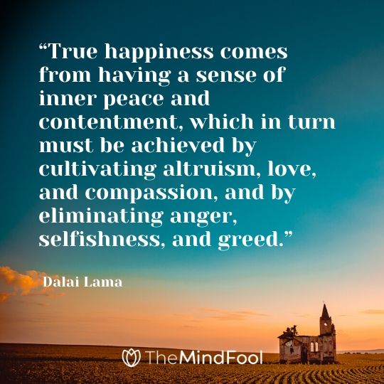 “True happiness comes from having a sense of inner peace and contentment, which in turn must be achieved by cultivating altruism, love, and compassion, and by eliminating anger, selfishness, and greed.” - Dalai Lama