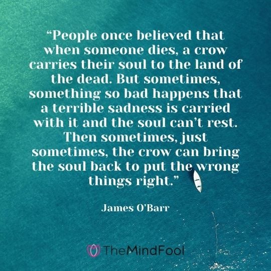 “People once believed that when someone dies, a crow carries their soul to the land of the dead. But sometimes, something so bad happens that a terrible sadness is carried with it and the soul can’t rest. Then sometimes, just sometimes, the crow can bring the soul back to put the wrong things right.” – James O’Barr