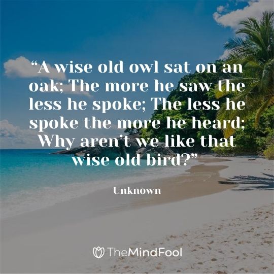 “A wise old owl sat on an oak; The more he saw the less he spoke; The less he spoke the more he heard; Why aren’t we like that wise old bird?” ~Unknown
