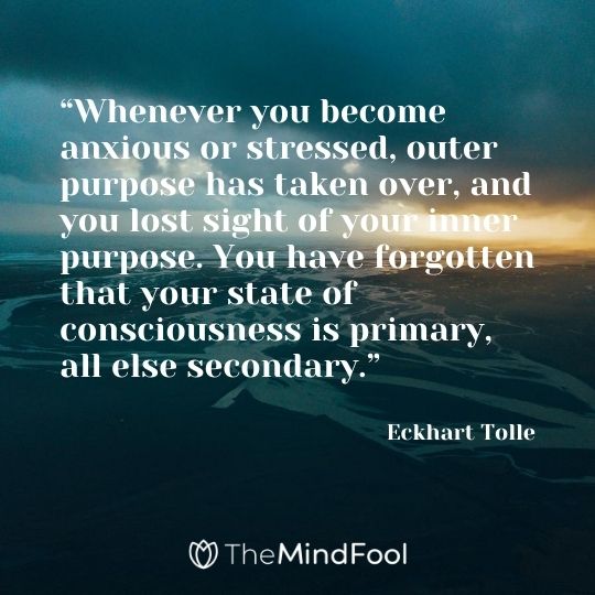 “Whenever you become anxious or stressed, outer purpose has taken over, and you lost sight of your inner purpose. You have forgotten that your state of consciousness is primary, all else secondary.” -Eckhart Tolle