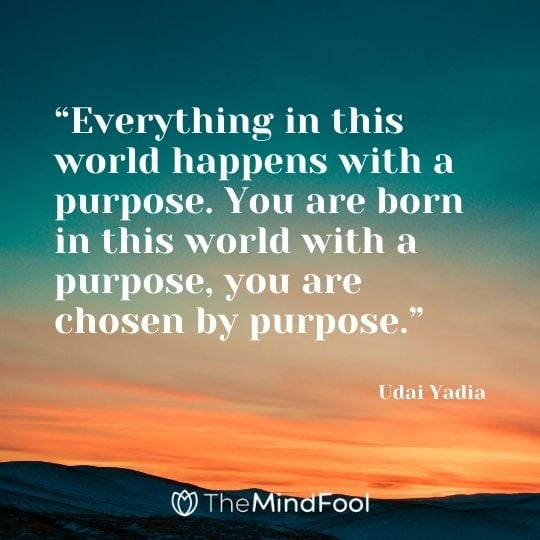 “Everything in this world happens with a purpose. You are born in this world with a purpose, you are chosen by purpose.” -Udai Yadia