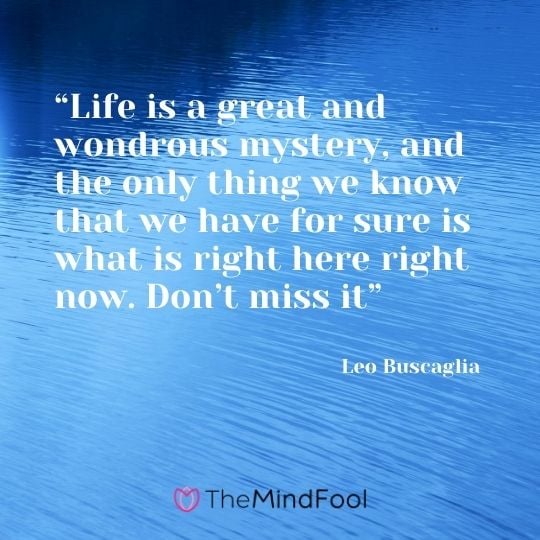 “Life is a great and wondrous mystery, and the only thing we know that we have for sure is what is right here right now. Don’t miss it” – Leo Buscaglia