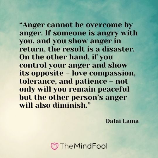 “Anger cannot be overcome by anger. If someone is angry with you, and you show anger in return, the result is a disaster. On the other hand, if you control your anger and show its opposite – love compassion, tolerance, and patience – not only will you remain peaceful but the other person’s anger will also diminish.” – Dalai Lama