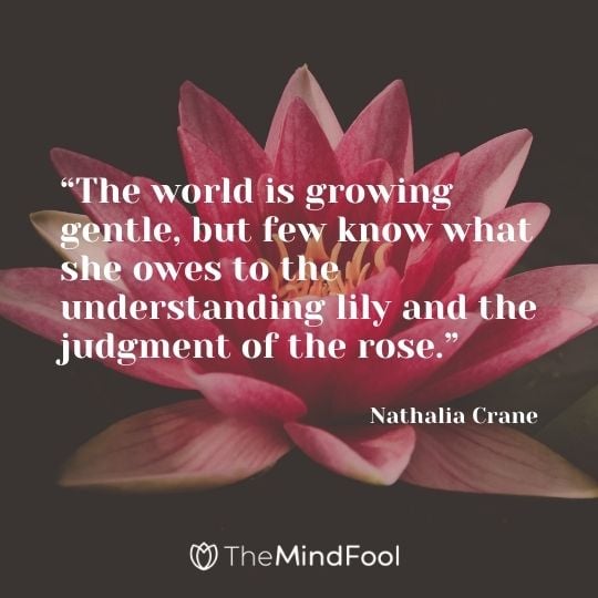 The world is growing gentle, but few know what she owes to the understanding lily and the judgment of the rose. - Nathalia Crane