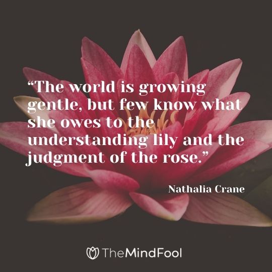 The world is growing gentle, but few know what she owes to the understanding lily and the judgment of the rose. - Nathalia Crane