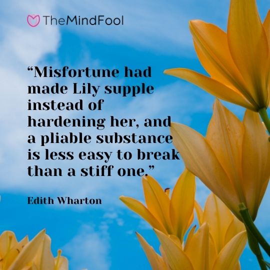 Misfortune had made Lily supple instead of hardening her, and a pliable substance is less easy to break than a stiff one. -Edith Wharton