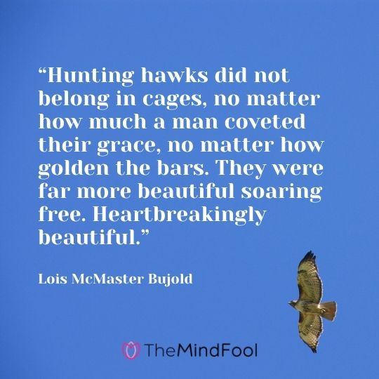 “Hunting hawks did not belong in cages, no matter how much a man coveted their grace, no matter how golden the bars. They were far more beautiful soaring free. Heartbreakingly beautiful.” – Lois McMaster Bujold